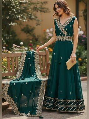 Indian Wedding Guest Dress W Matching Dupatta/Wrap S Green Embellished Gold